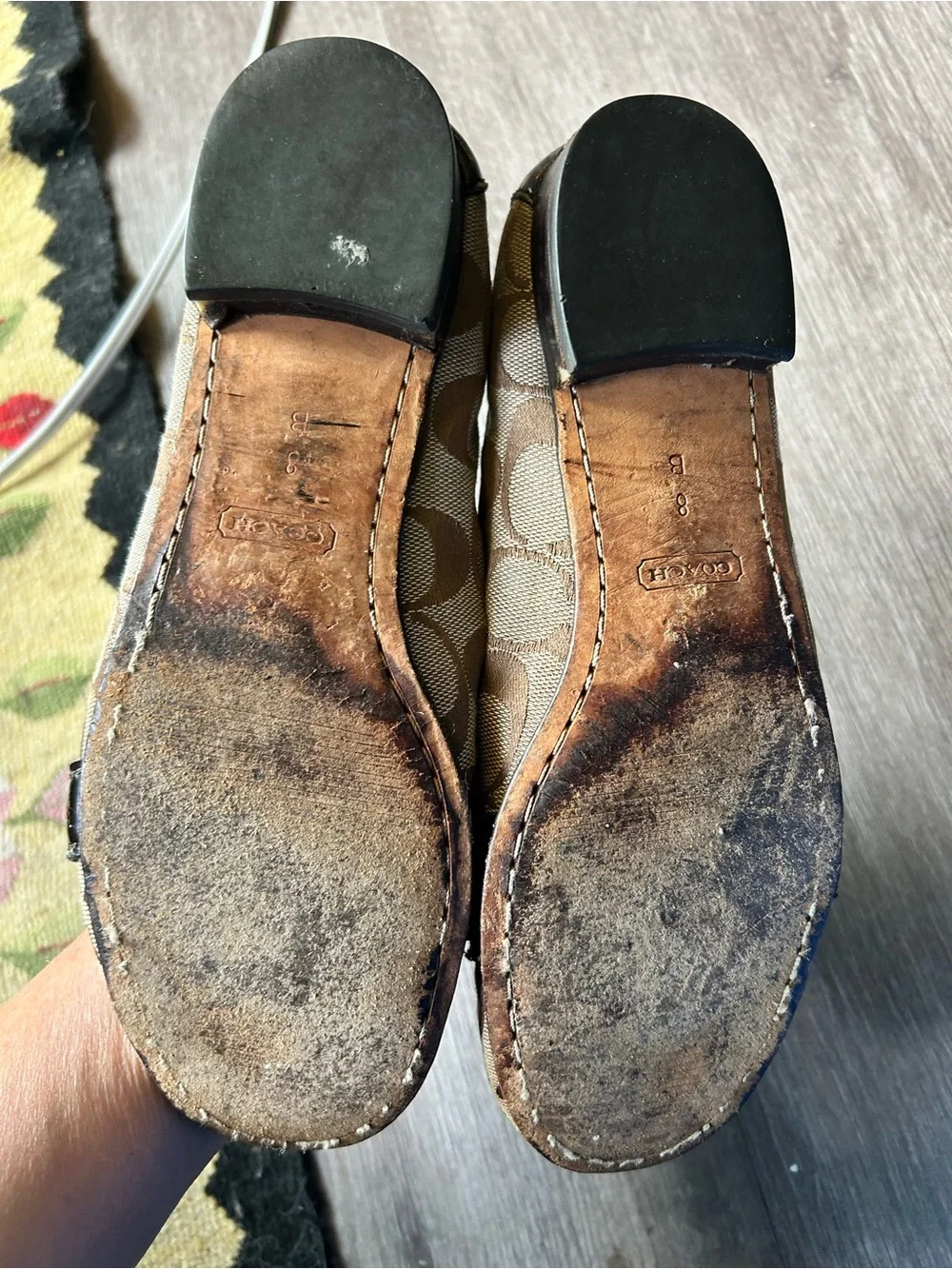 Coach Brown Signature Canvas Flats with Black Patent Trim and Gold Hardware
